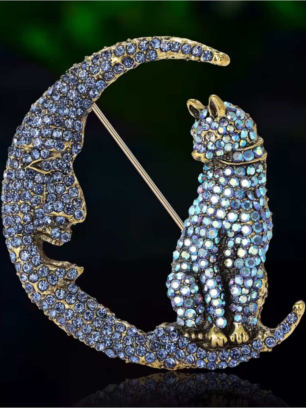 Blue Crystal Cat Moon Brooche